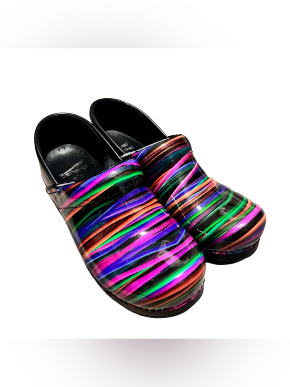 Dansko Professional Clogs Women's 38  Multicolor Striped Patent Leather Comfort - Picture 2 of 6